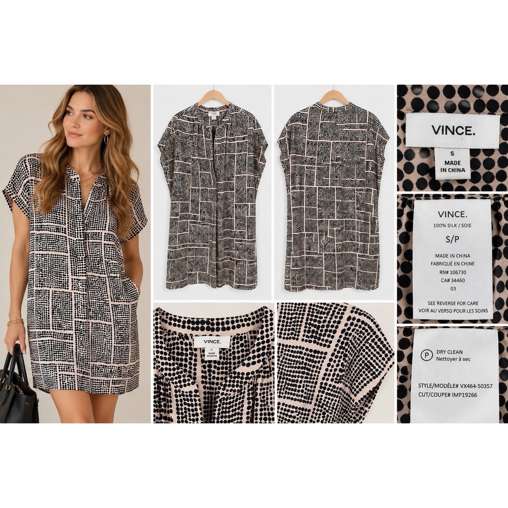 Vince 100% Silk Dress Small Black Beige Geometric Dot Print Tunic Shift Draped